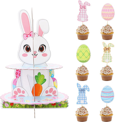 Soporte cupcakes conejo Pascua 2 niveles 16 piezas adornos
