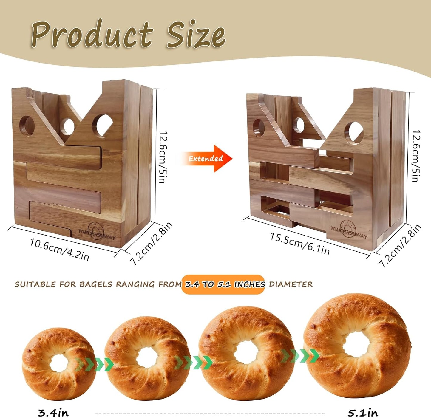 Cortador de bagel ajustable para pequeños y grandes con soporte de madera de acacia