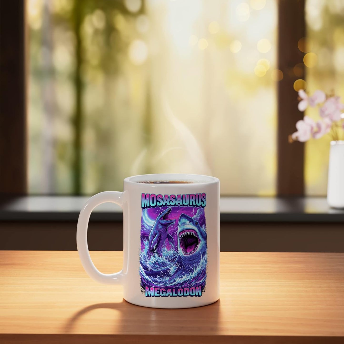 Taza Cerámica Mosasaurus Sea Rex Megalodon Blanca