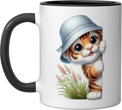 Taza de cerámica Kawaii Tiger Cub con sombrero de cubo negro/blanco