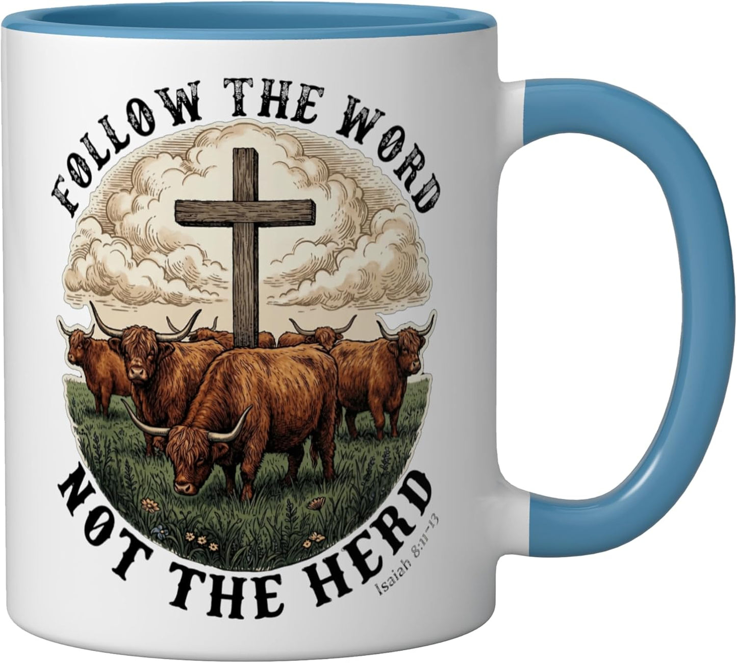 Taza cerámica Follow The Word Not The Herd Highland Cow Cross Faith Isaiah azul/blanco