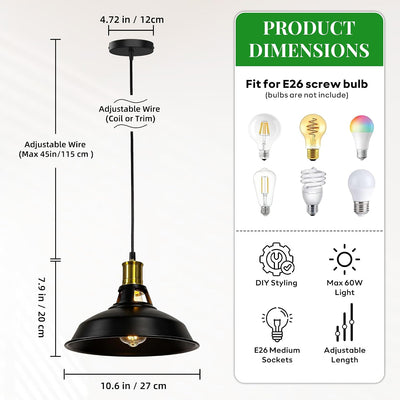Lámpara colgante 3 luces industrial E26 negro dorado