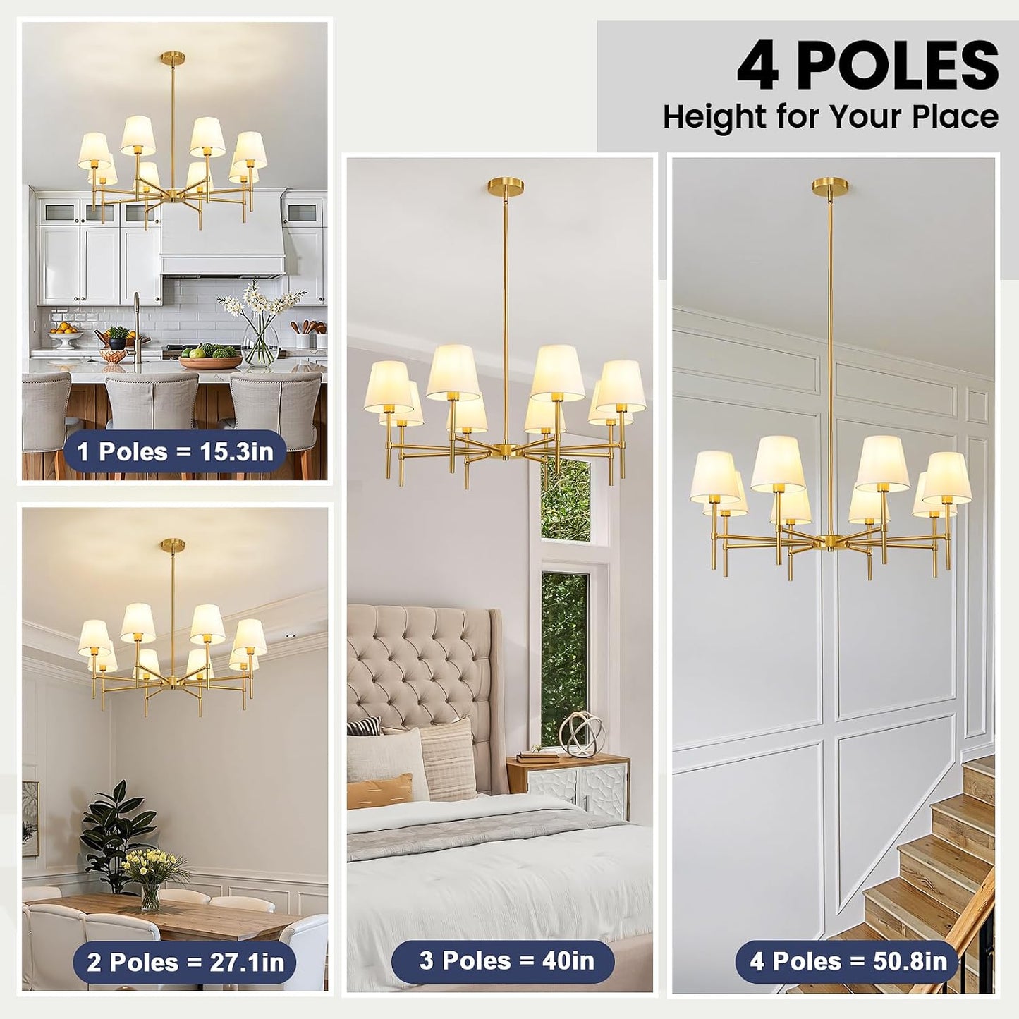 Candelabro 8 luces dorado moderno ajustable dormitorio cocina