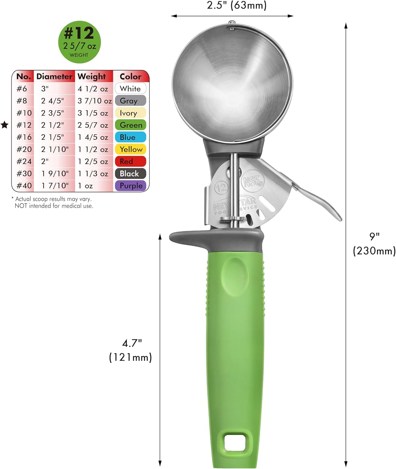 Cuchara de acero inoxidable 18-8 NSF con mango verde