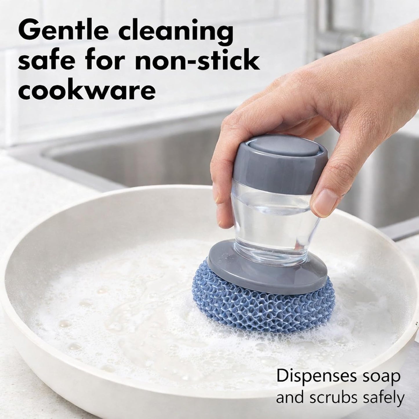 Cepillo para platos OXO con cepillo dispensador de jabón y raspador