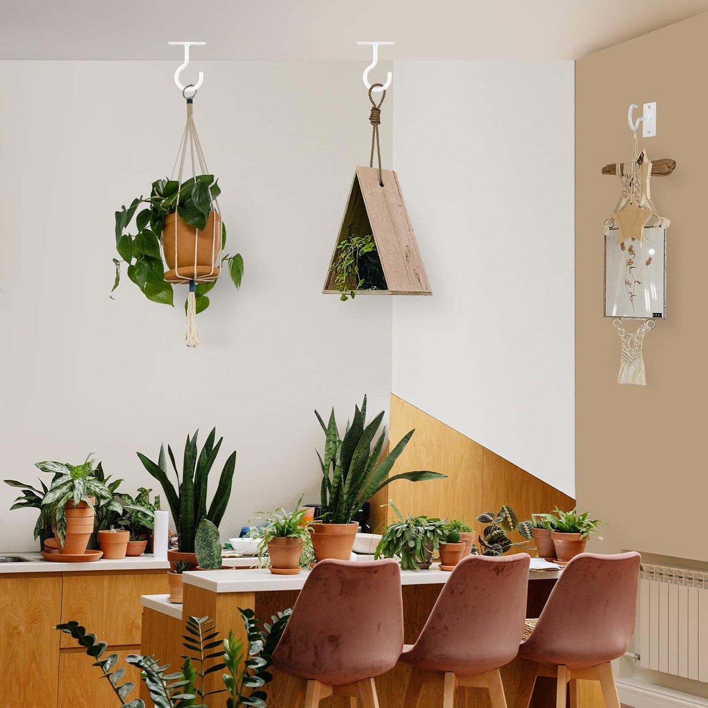 Ganchos colgar plantas metal pared 6pulg pack 2 blanco