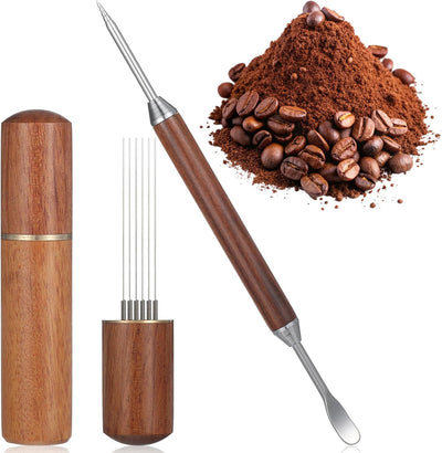 Agitador de café expreso Sibba con 6 agujas, mango de madera y base de acero inoxidable