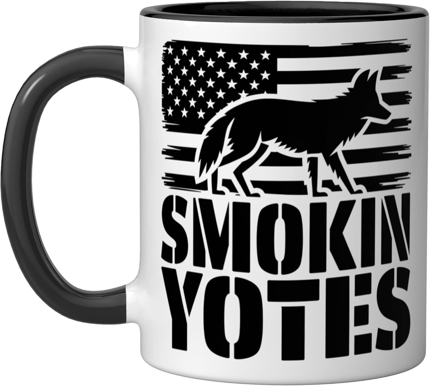 Taza de cerámica Smokin Yotes con diseño bandera americana negra y blanca