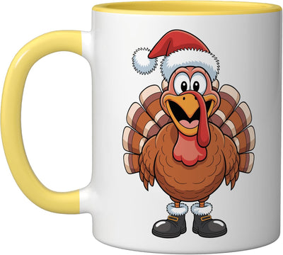 Taza cerámica de pavo navideño con botas de Santa amarillo/blanco