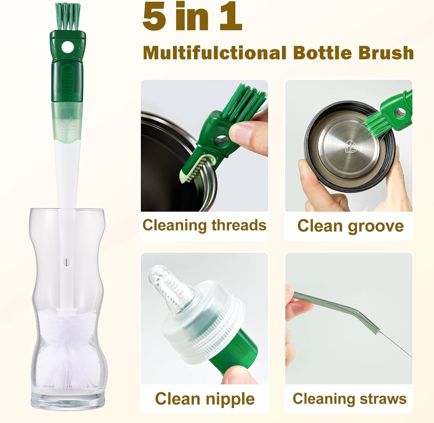 Set 5 Cepillos Botellas 5en1 Mango Largo Raspador