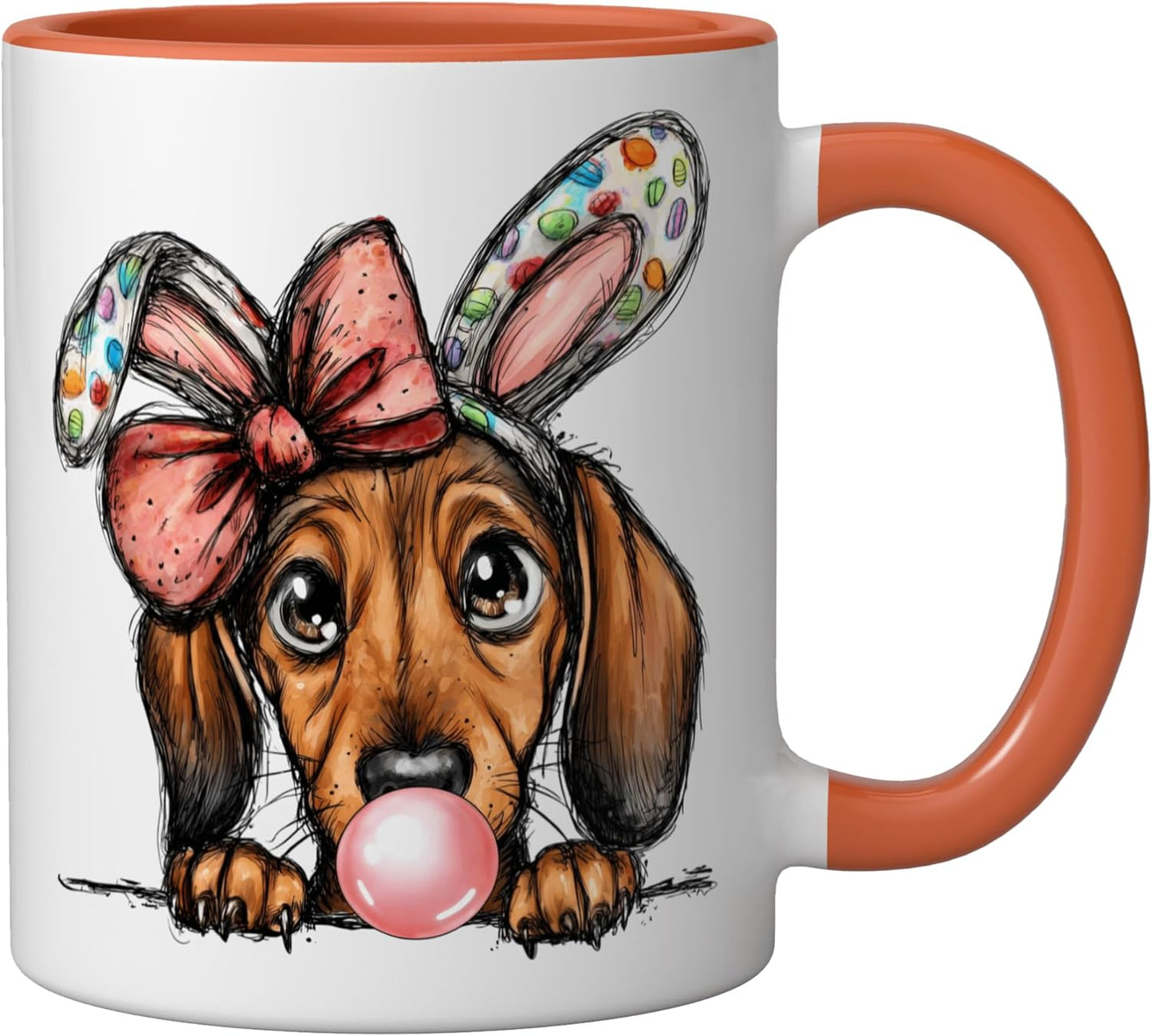 Taza cerámica perro salchicha diseño chicle pascua naranja/blanco