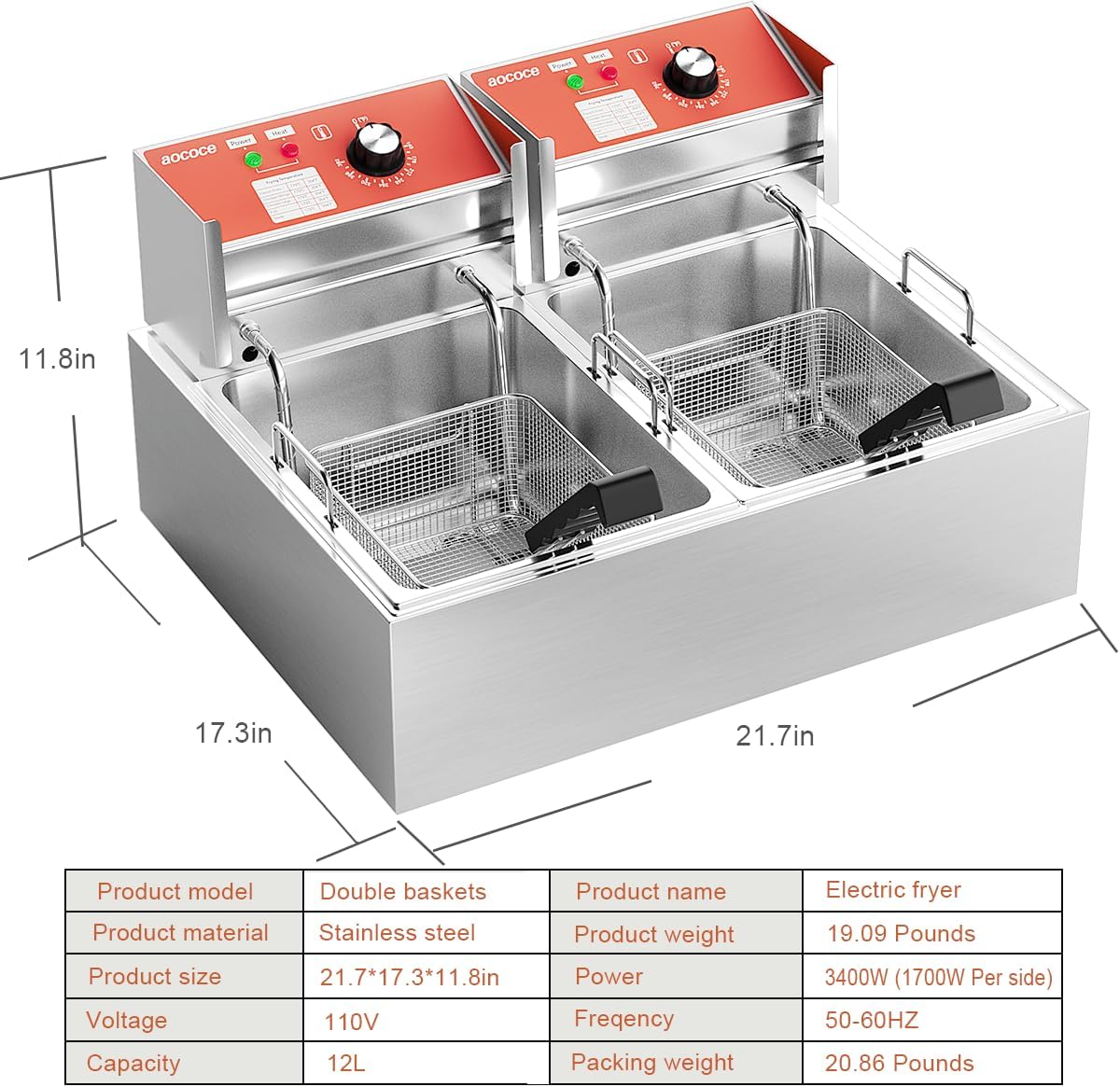 Freidora eléctrica doble cesta 6L acero inox 3400W control temp