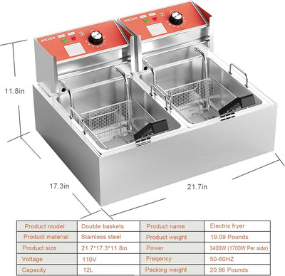 Freidora eléctrica doble cesta 6L acero inox 3400W control temp