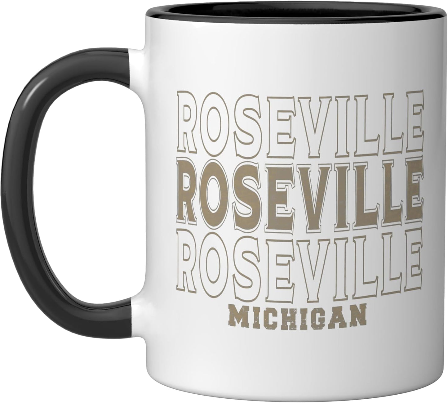 Taza cerámica vintage Roseville Michigan negro/blanco
