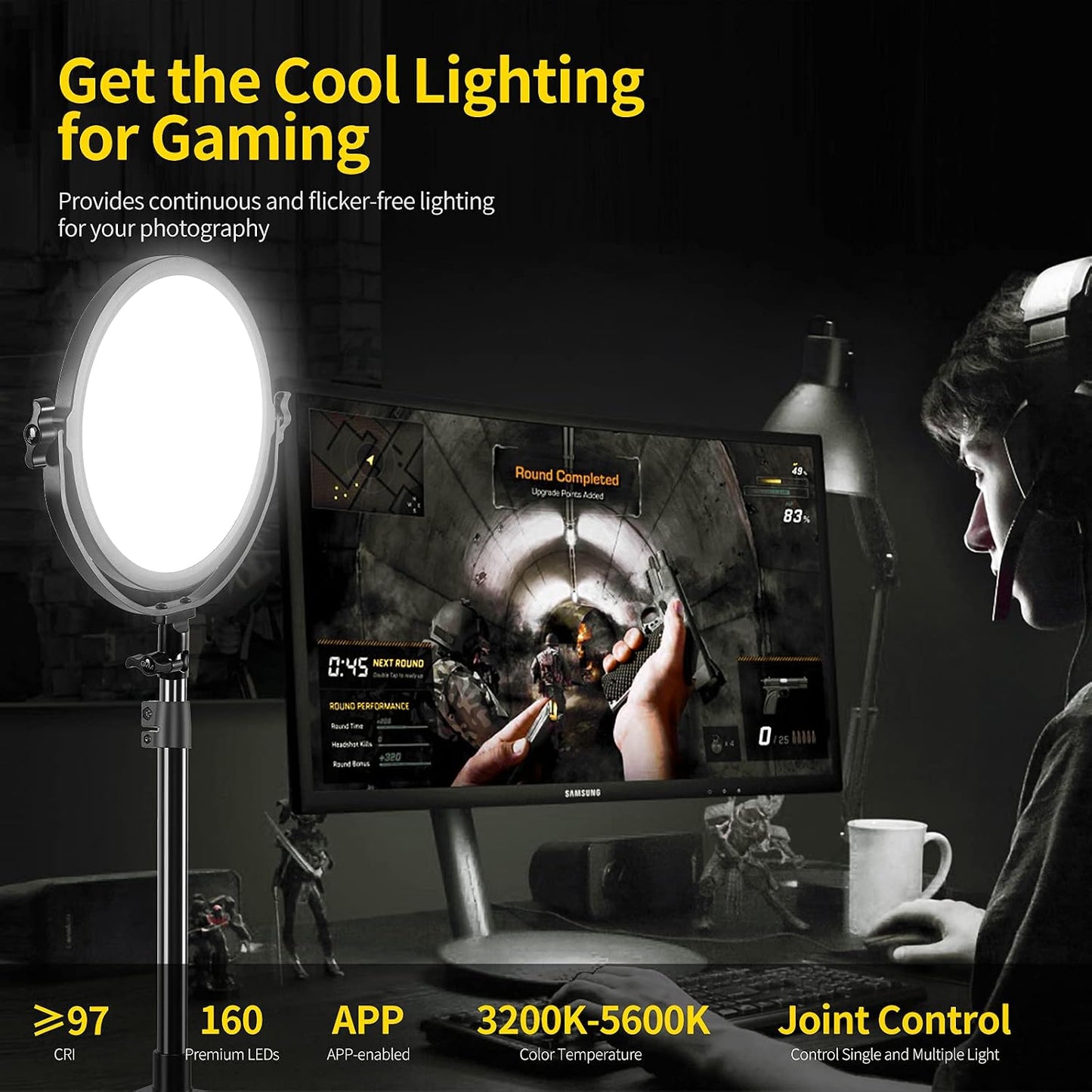Luz LED escritorio 10pulg bicolor CRI97 para estudio y grabación