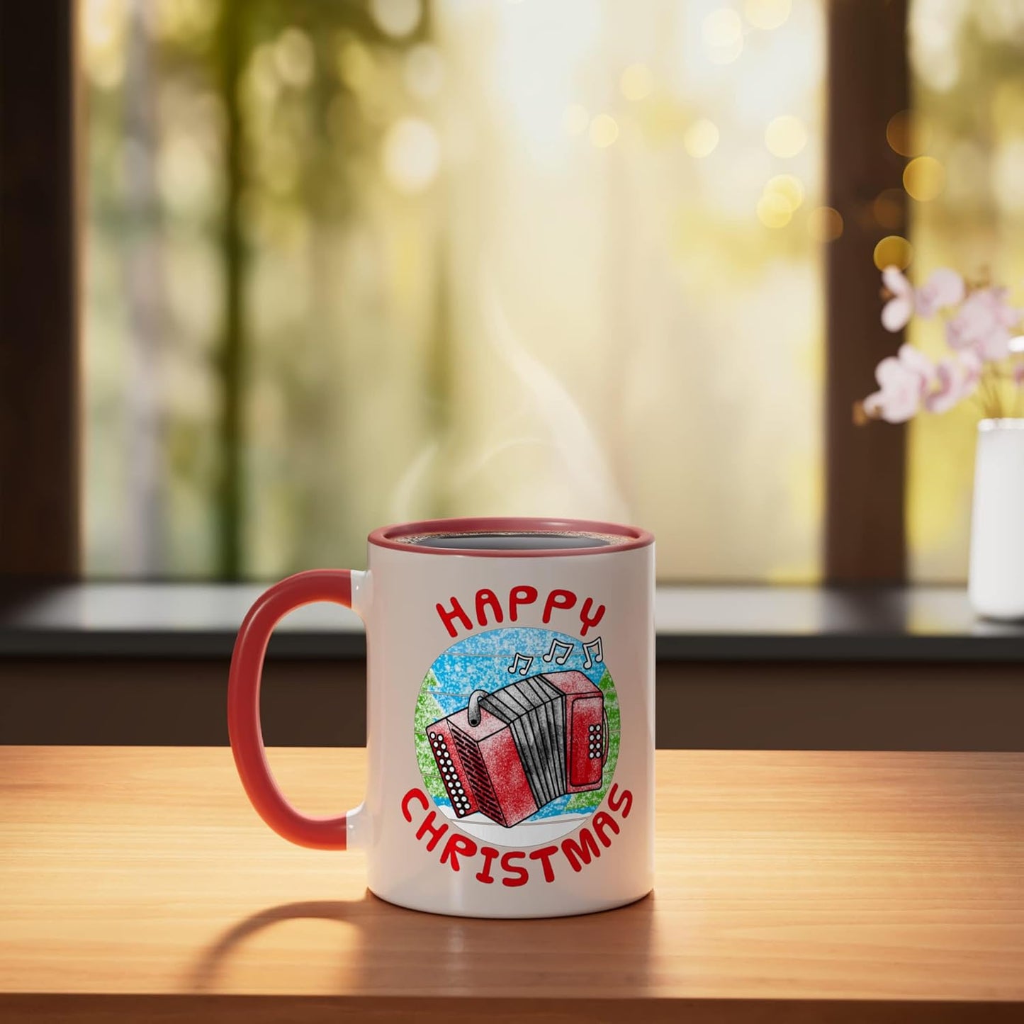 Taza cerámica navideña para acordeonista profesor de música folclórica roja/blanca