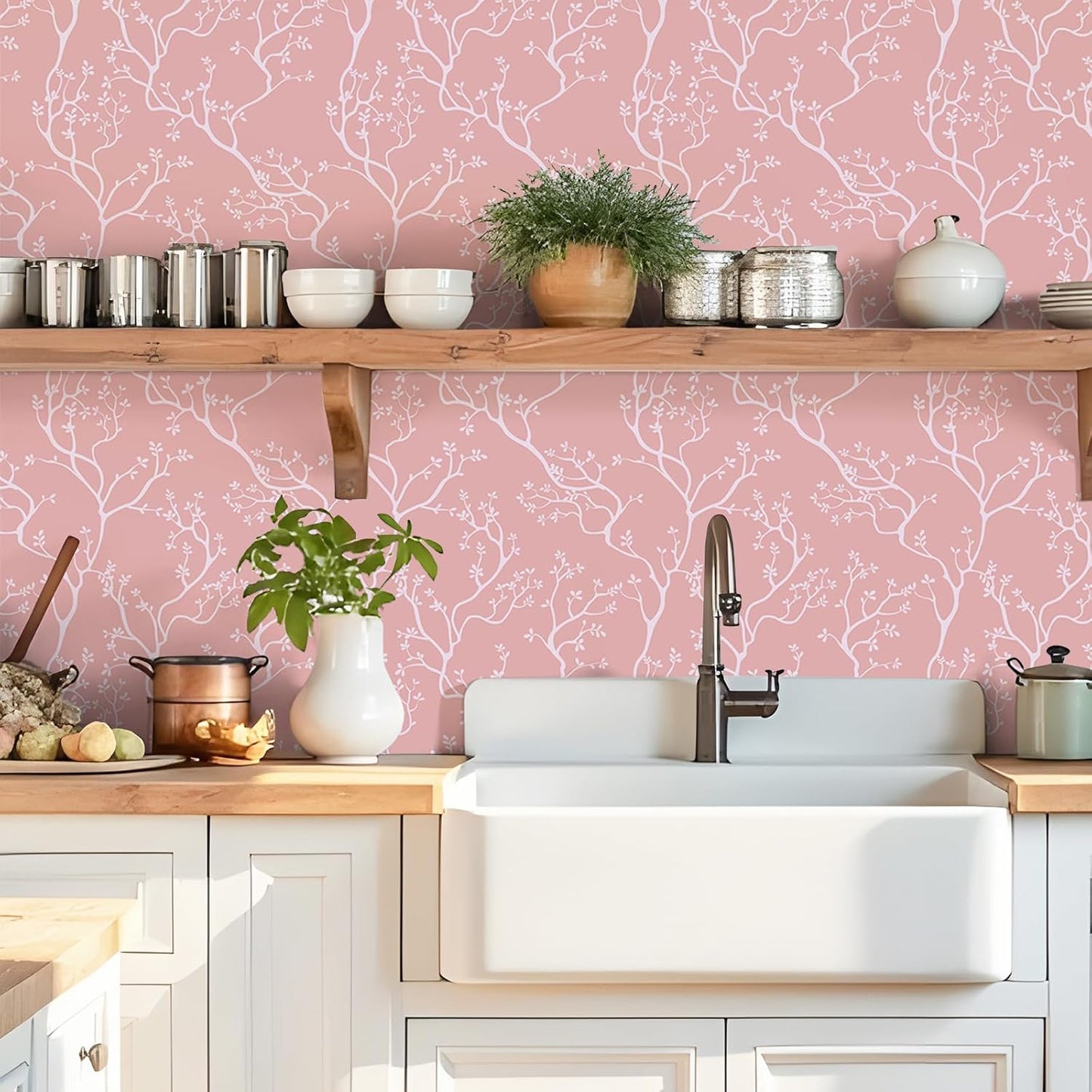 Papel tapiz ramas rosadas autoadhesivo 12x118pulg dormitorio baño