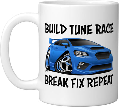 Taza cerámica con dibujo de coche humorístico Build Tune Race Break Fix Repeat