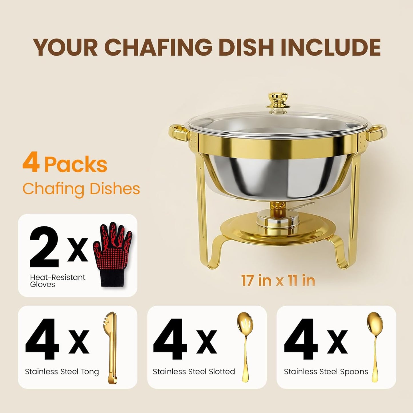 Juego de 4 platos dorados para bufé con accesorios