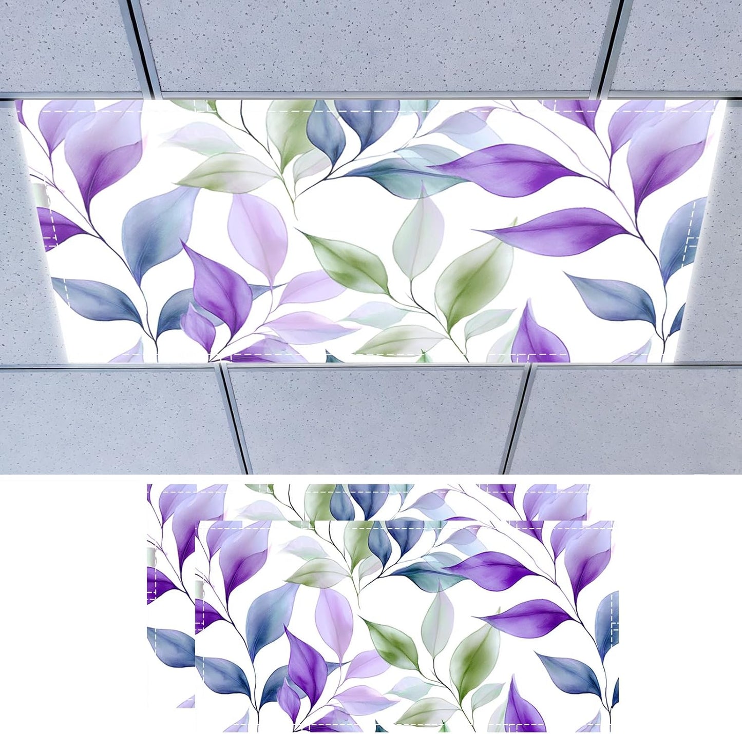 2 Cubiertas Luz Techo Poliéster 4x2ft Diseño Hojas Morado Verde