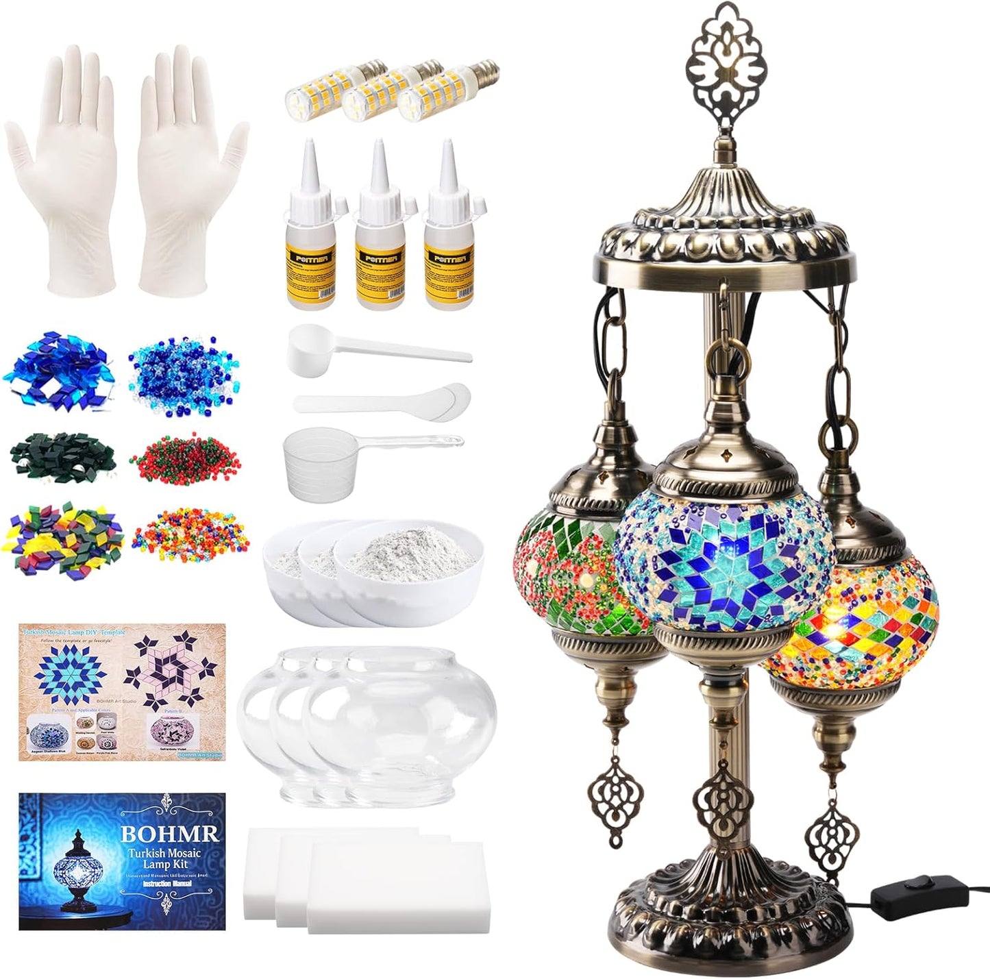 Kit lámpara mosaico turco 3 globos 23pulg vidrio