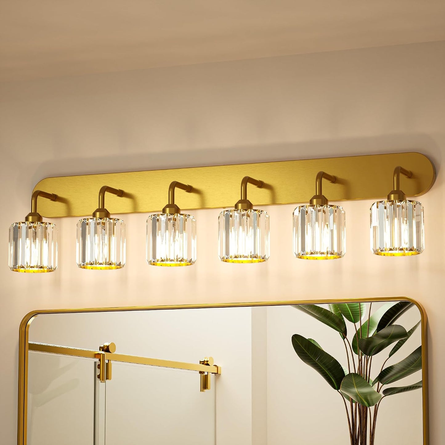 Lámpara baño 6 luces doradas cristal sobre espejo E26