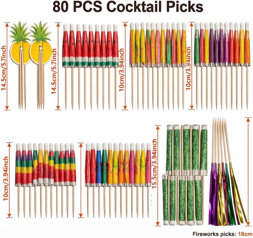 80 Sombrillas Cóctel Tropicales Bambú Fiesta Aloha