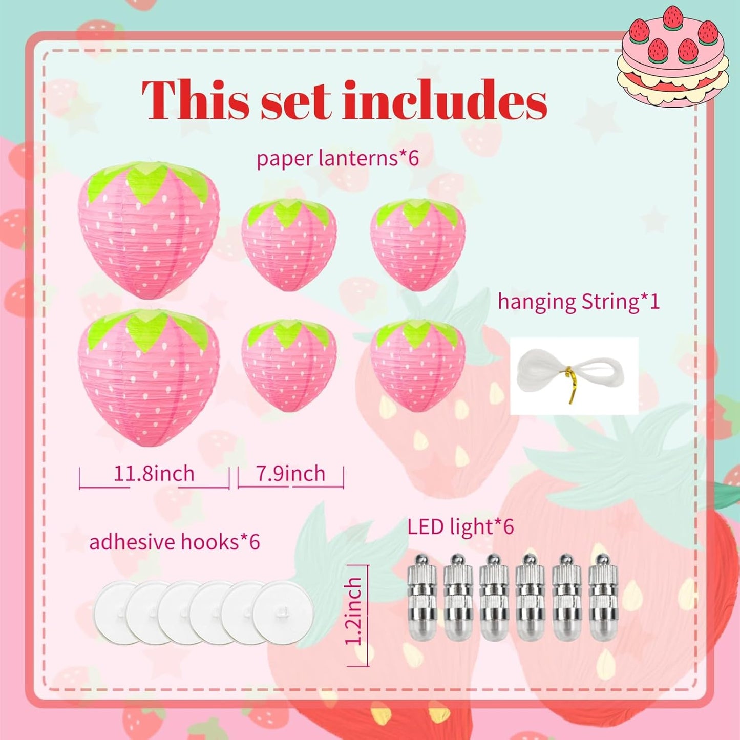 Farol LED colgante rosa pack 6 linternas Kawaii 12x8pulg