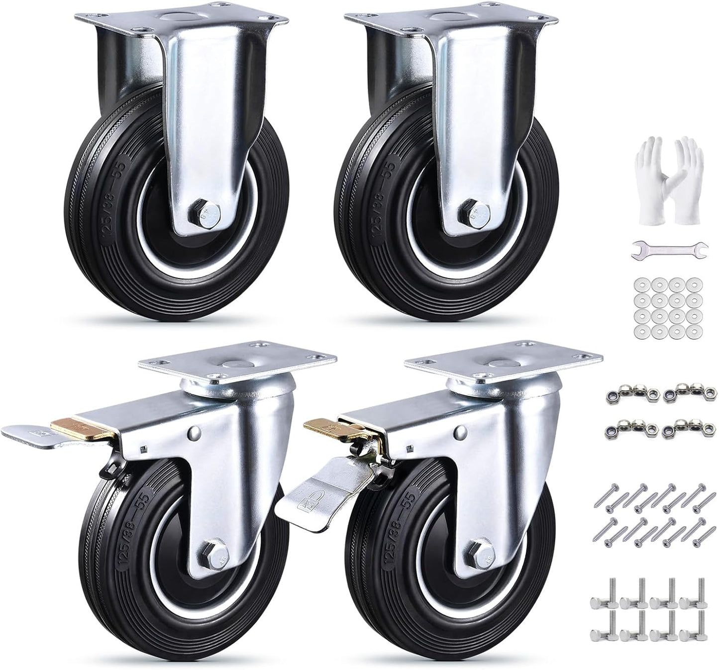 Set 4 Ruedas Giratorias 5pulg Goma 1120lb 2 Rígidas 2 Bloqueo
