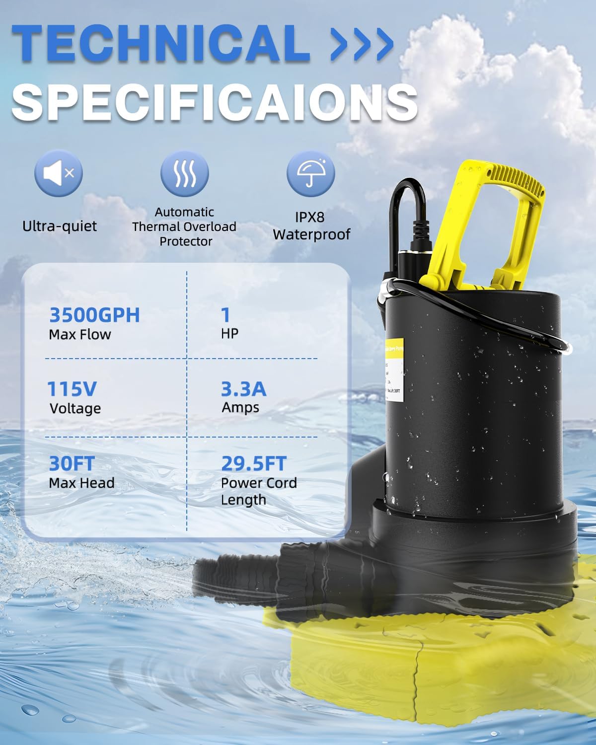 Bomba cubierta piscina 1 HP 5000 GPH con válvula y adaptadores