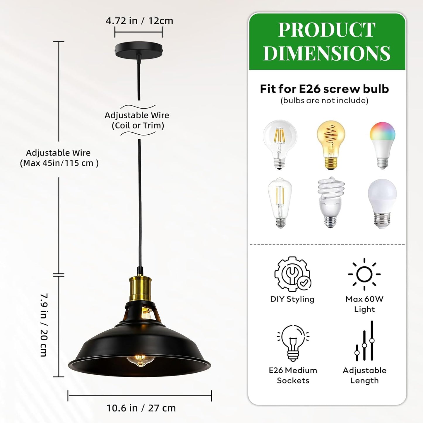 Lámpara colgante industrial negro dorado E26 para cocina