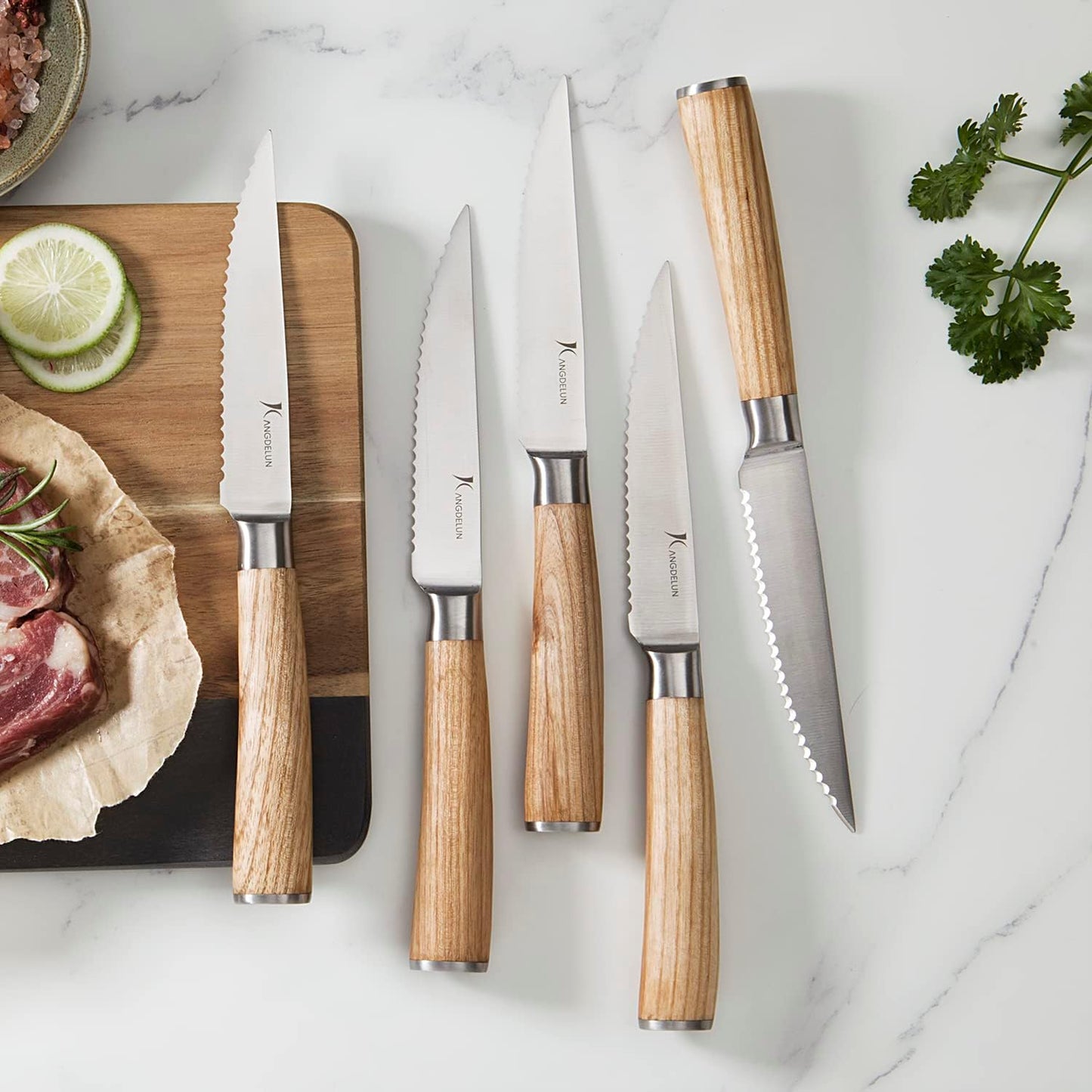 Set 8 Cuchillos Carne Acero Inox con Afilador Madera