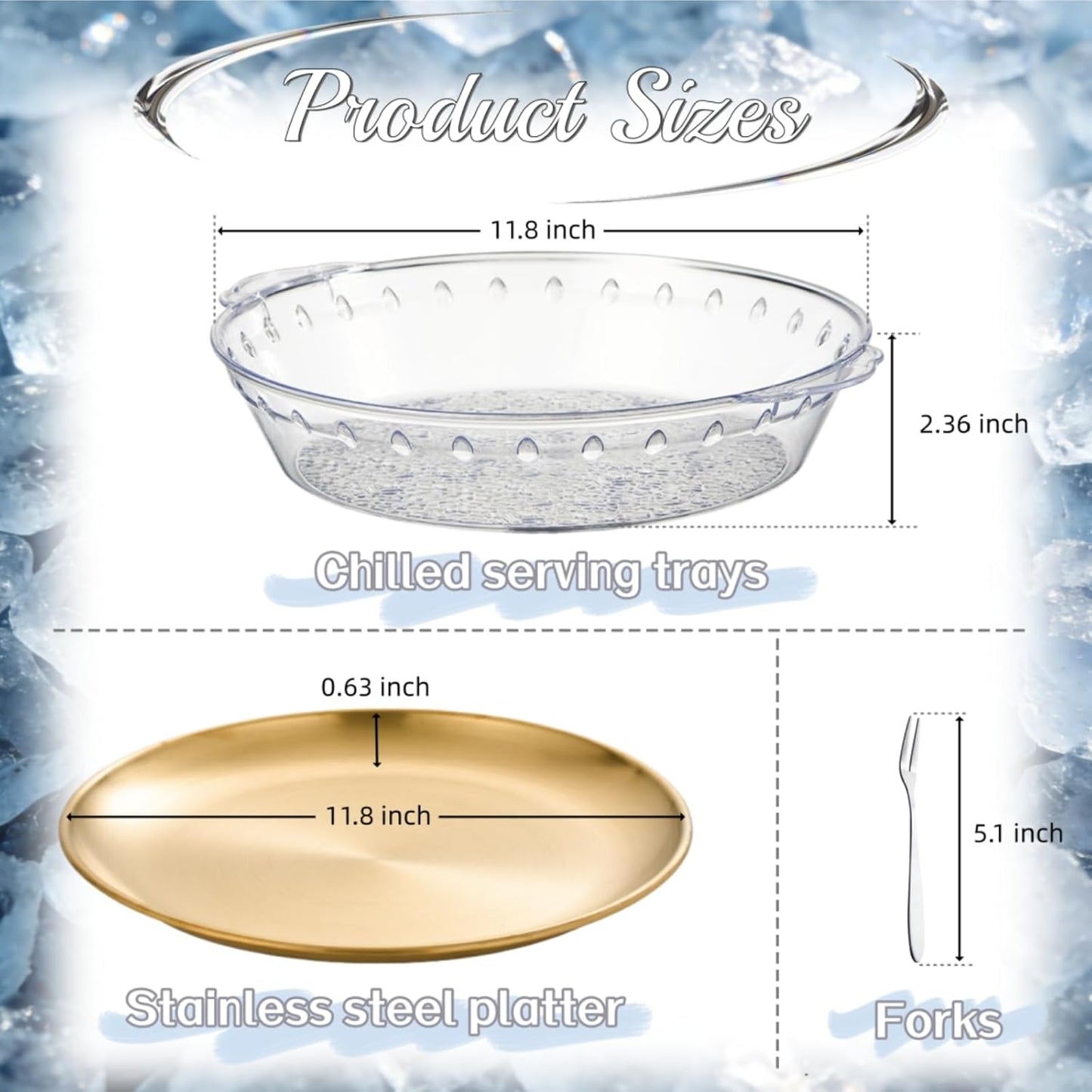 Paquete de 2 bandejas frías de 11.8 pulgadas platos redondos metal dorado plateado platos hielo plastico y tenedores