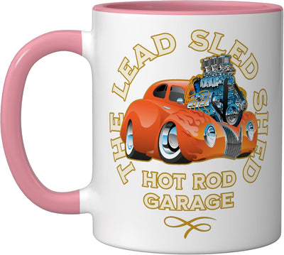 Taza cerámica vintage coche hot rod garaje diseño cartoon rosa/blanco