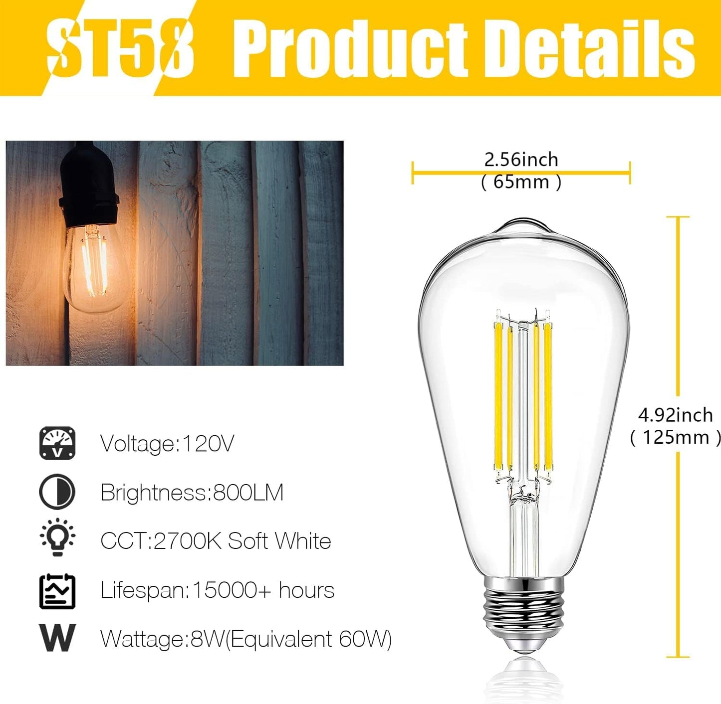 12 Pzas Bombillas LED Edison E26 60W 2700K ST58