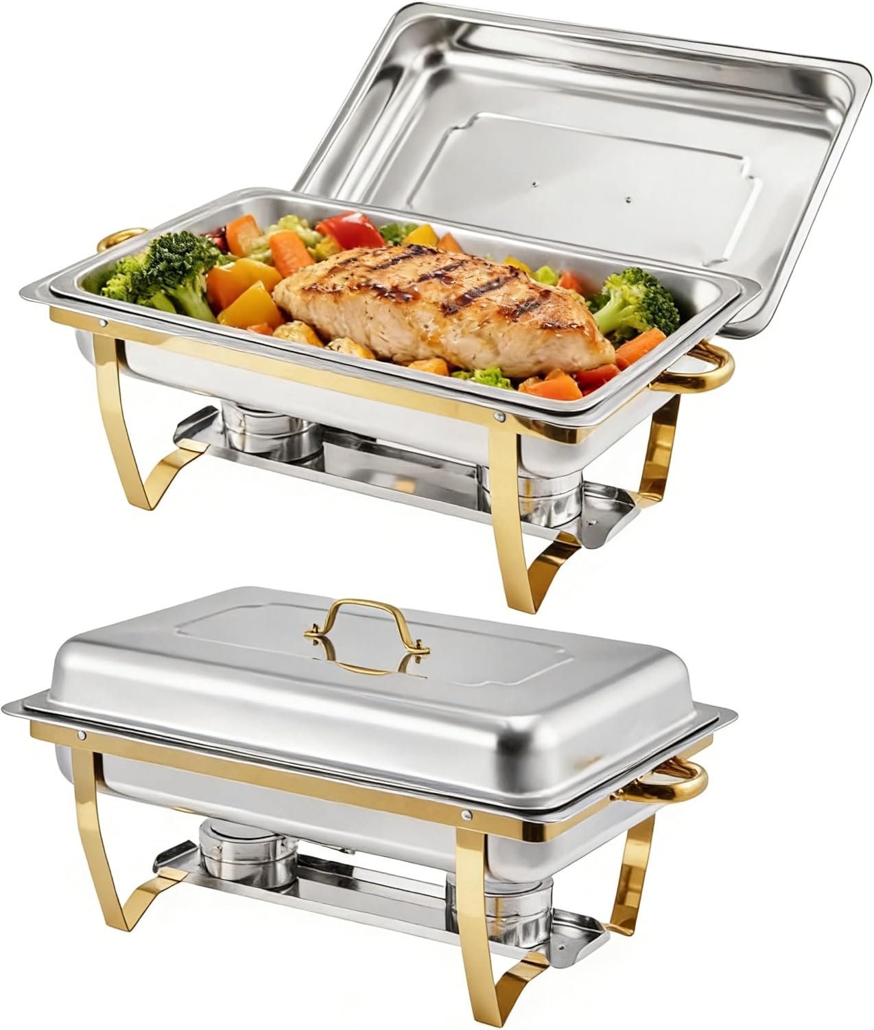 Set 2 Pzas Platos Rectangulares Acero Inox Buffet Dorado