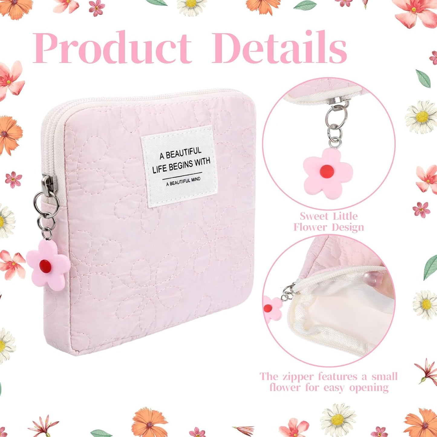 Bolso rosa estampado floral con cremallera para cosméticos niñas