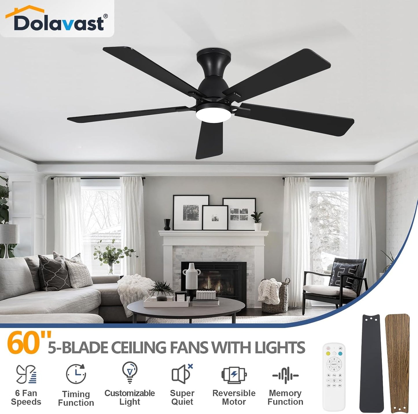 Ventilador techo bajo 60pulg luz control remoto negro