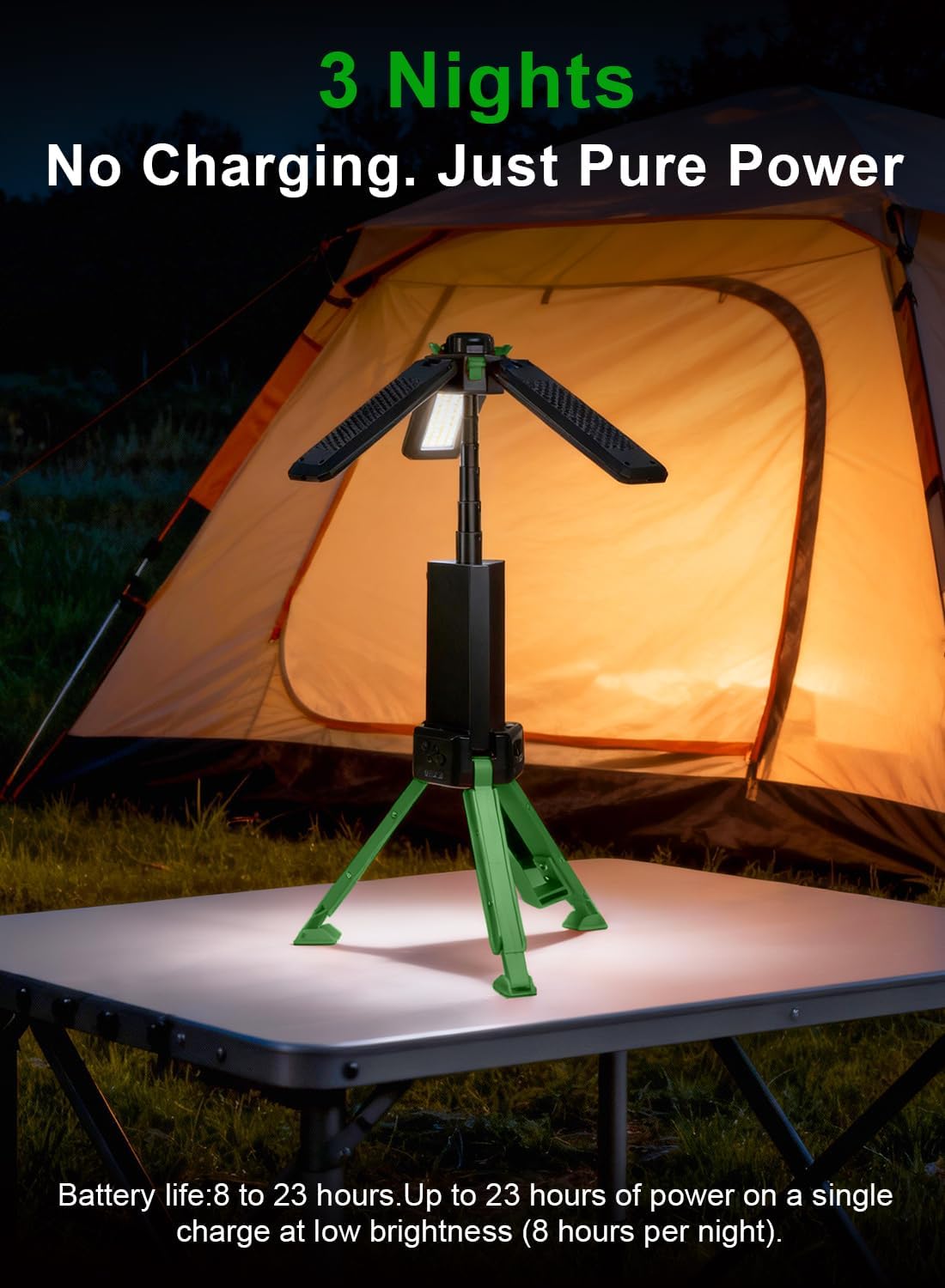 Luz campamento recargable 15000mAh con trípode ajustable verde