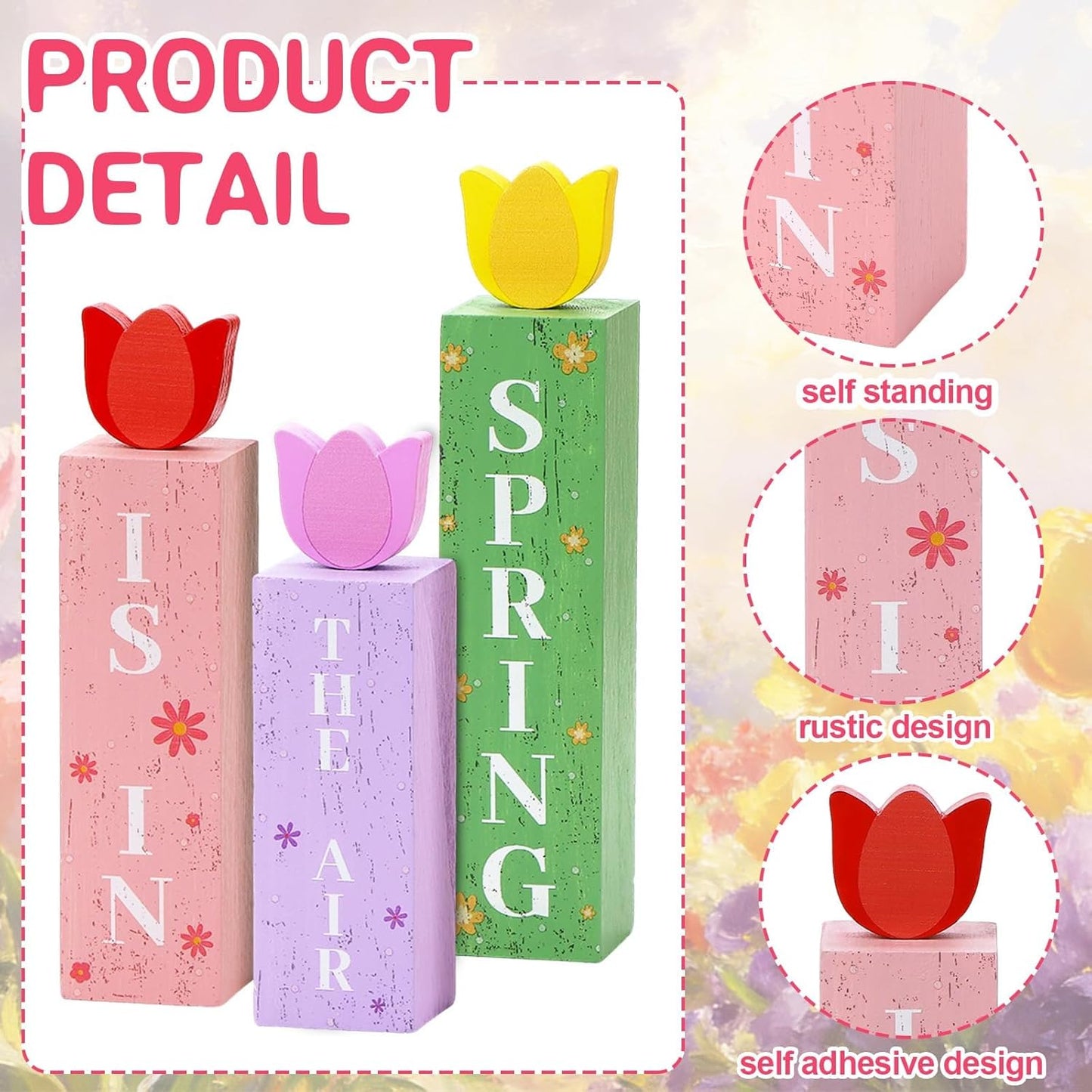 3 bloques de mesa de madera de primavera con tulipanes pastel, decoración rústica para hogar