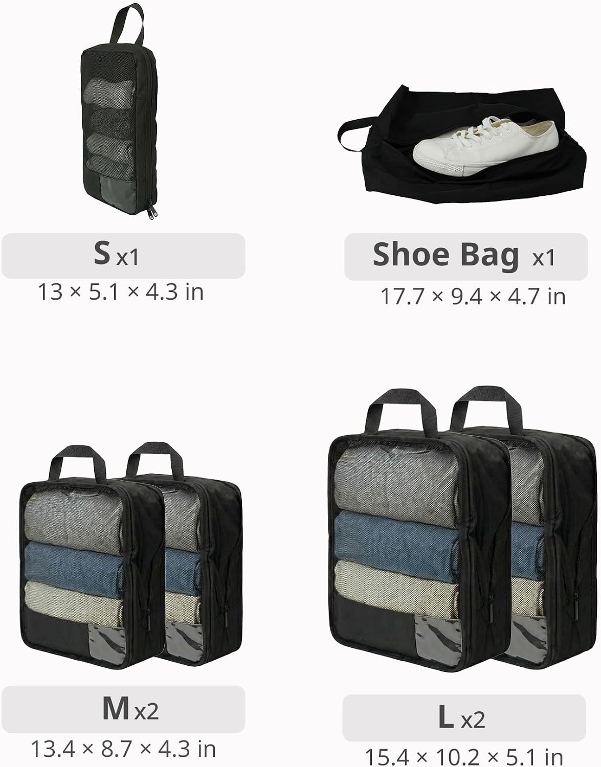 Set 6 Cubos Compresión Viaje con Bolsa Zapatos y Asa Negro