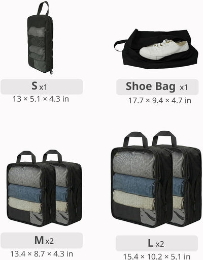 Set 6 Cubos Compresión Viaje con Bolsa Zapatos y Asa Negro