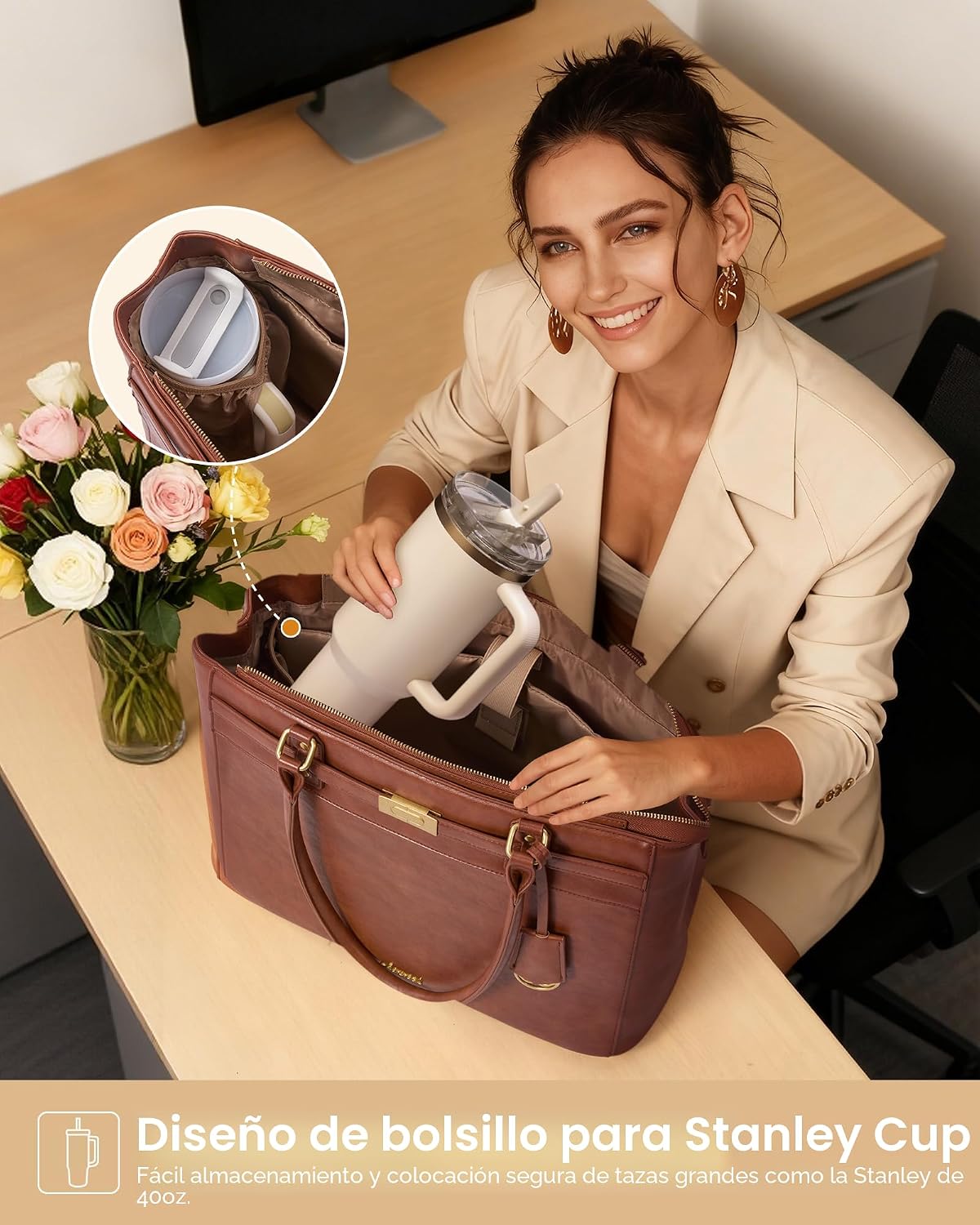 Bolsa de mano para laptop mujer cuero impermeable 15.6pulg
