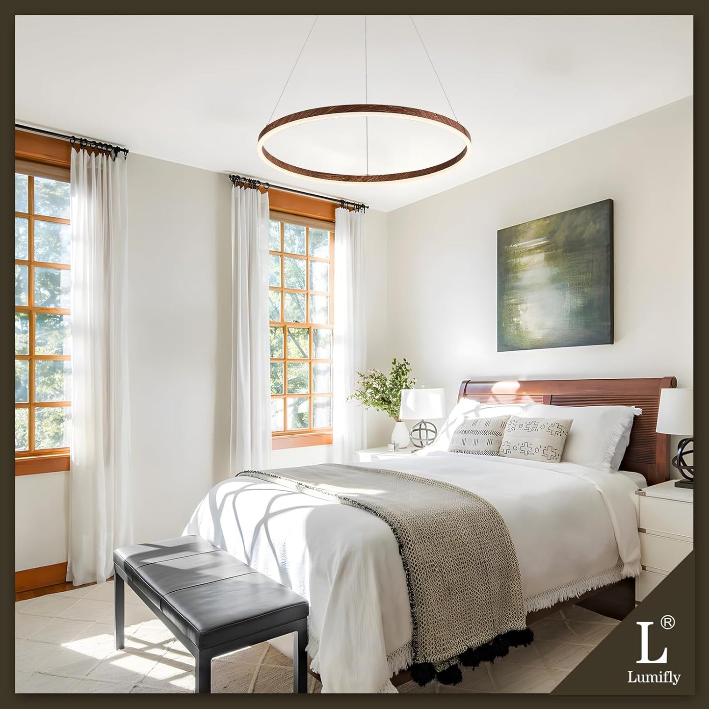Candelabro LED 24pulg redondo acabado madera luz regulable