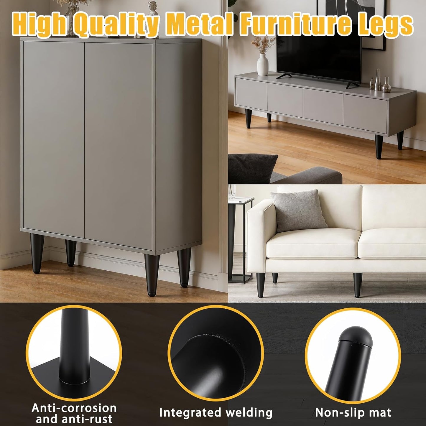 Patas para muebles metal negras 8 pulg set 4