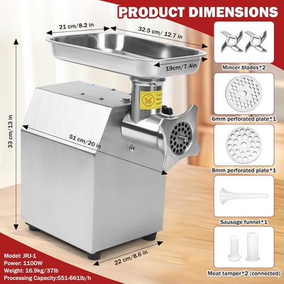 Picadora de carne eléctrica de acero inoxidable con 2 cuchillas