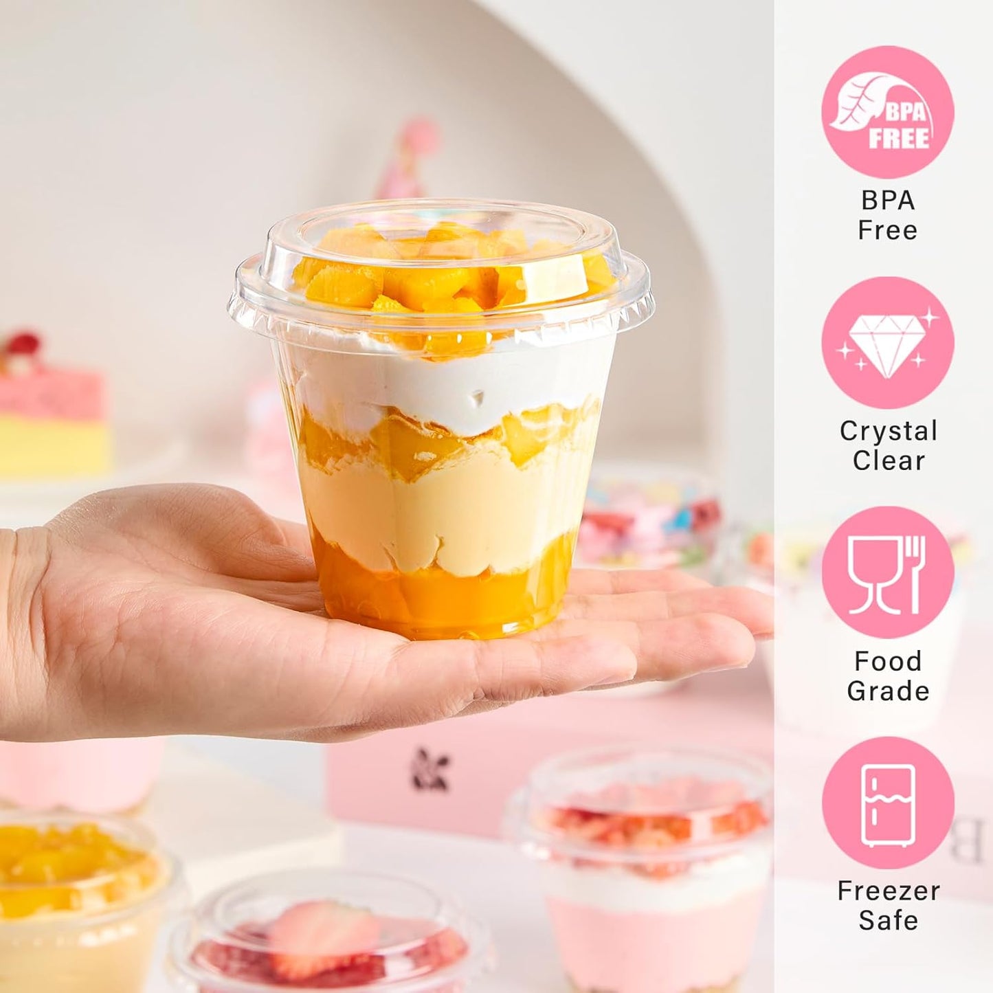 Paquete de 50 tazas de postre plástico transparente 9 oz con tapas altas
