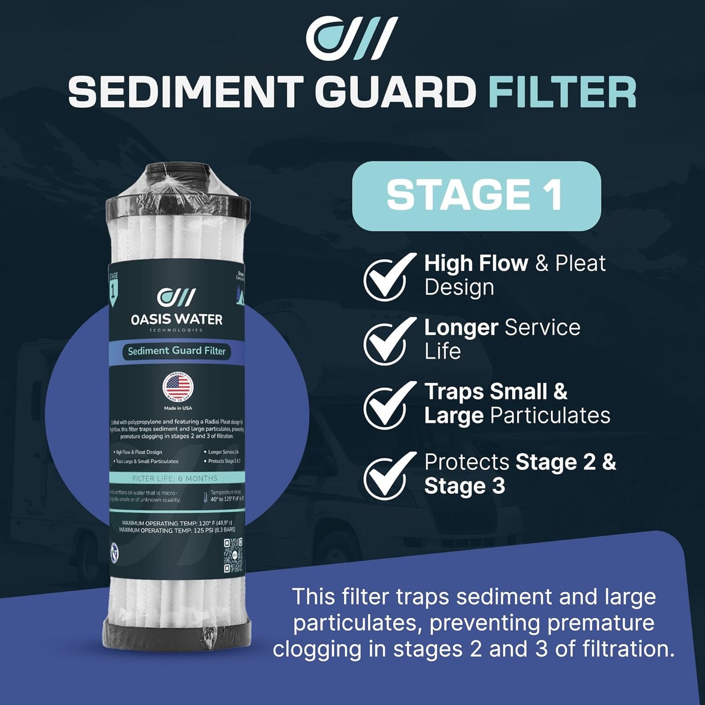 Filtros de agua RV Oasis 3 etapas para sistemas de corriente