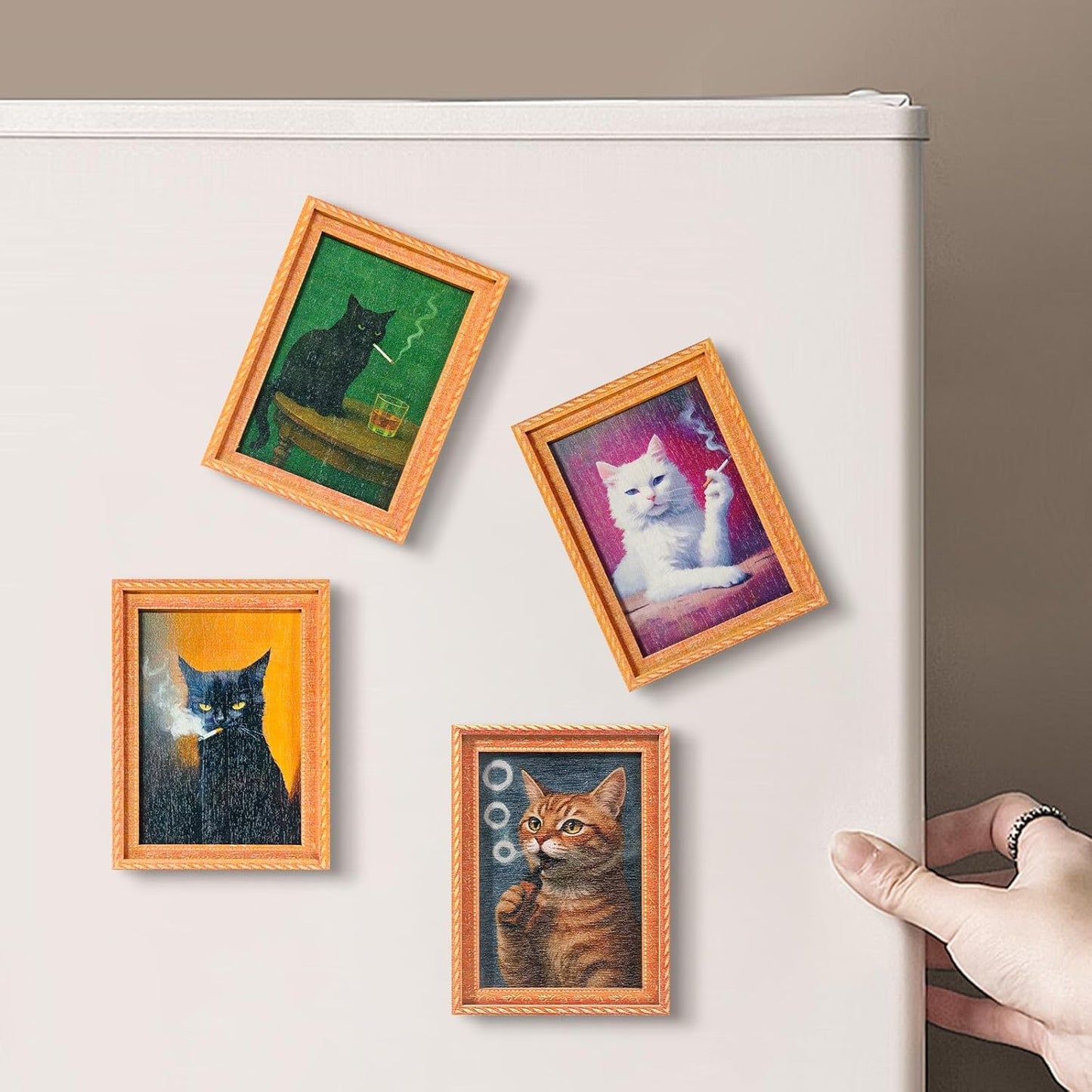 Marco de imanes de madera retro con diseño de gato fumador para nevera