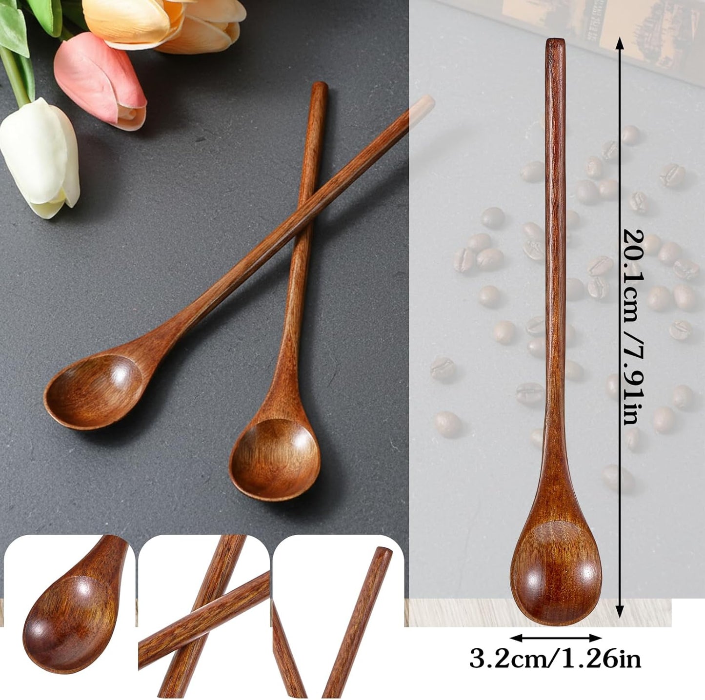 Cucharas de madera de mango y nanmu para café, té de miel y sopas
